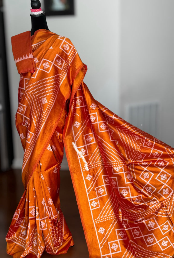 Orange color handwoven ikat pure silk saree|Odisha Weaves|Contemporary Ikat|