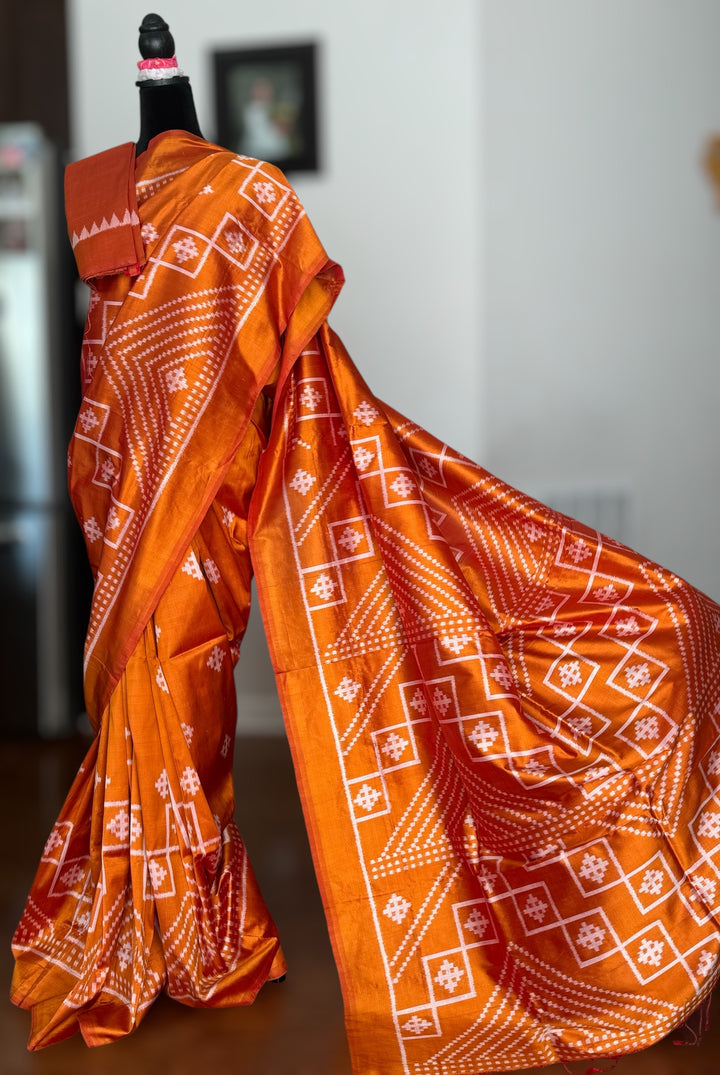 Orange color handwoven ikat pure silk saree|Odisha Weaves|Contemporary Ikat|