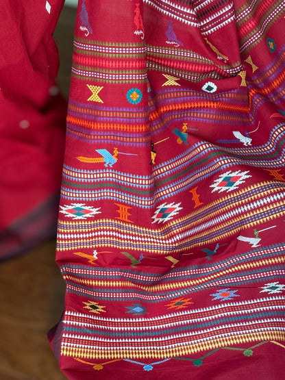 Maroon-ish Red Original Ganjam Bomkai Cotton Saree from Odisha Weaves