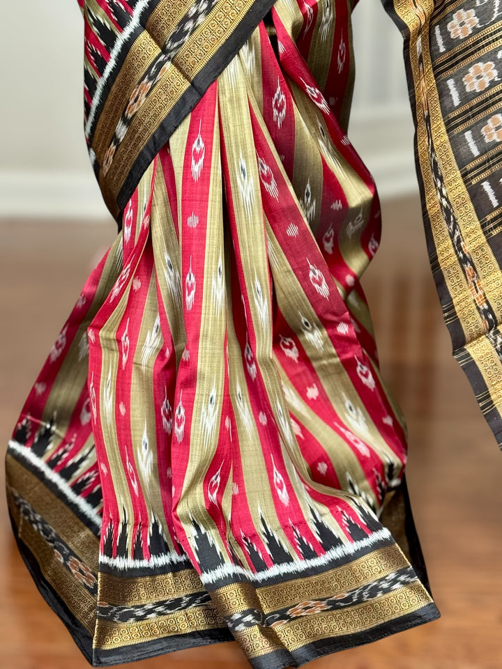 Maroon Beige Chandrika in striped body Contemporary Ikat Pure Silk Saree|Odisha Weaves|Mishrita