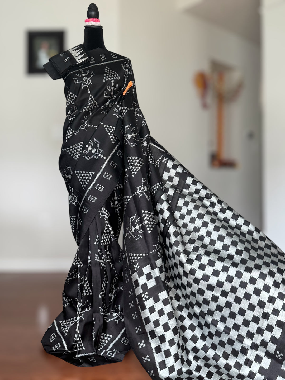 Handwoven Black contemporary ikat Silk Saree from Odisha|Mishrita