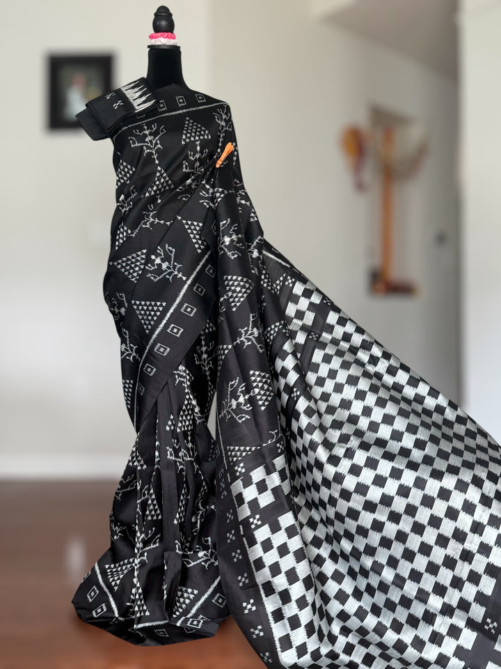 Handwoven Black contemporary ikat Silk Saree from Odisha|Mishrita