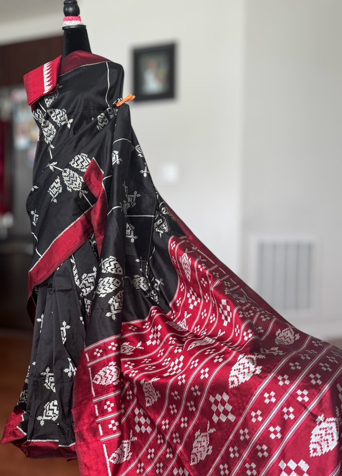 Black color fish motif handwoven ikat pure silk saree|Odisha Weaves|Contemporary Ikat|Antara
