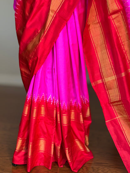 Bright Magenta-pink with Red Pochampally ikat pure silk saree with Patola pallu and Kanchi-Style Zari Border