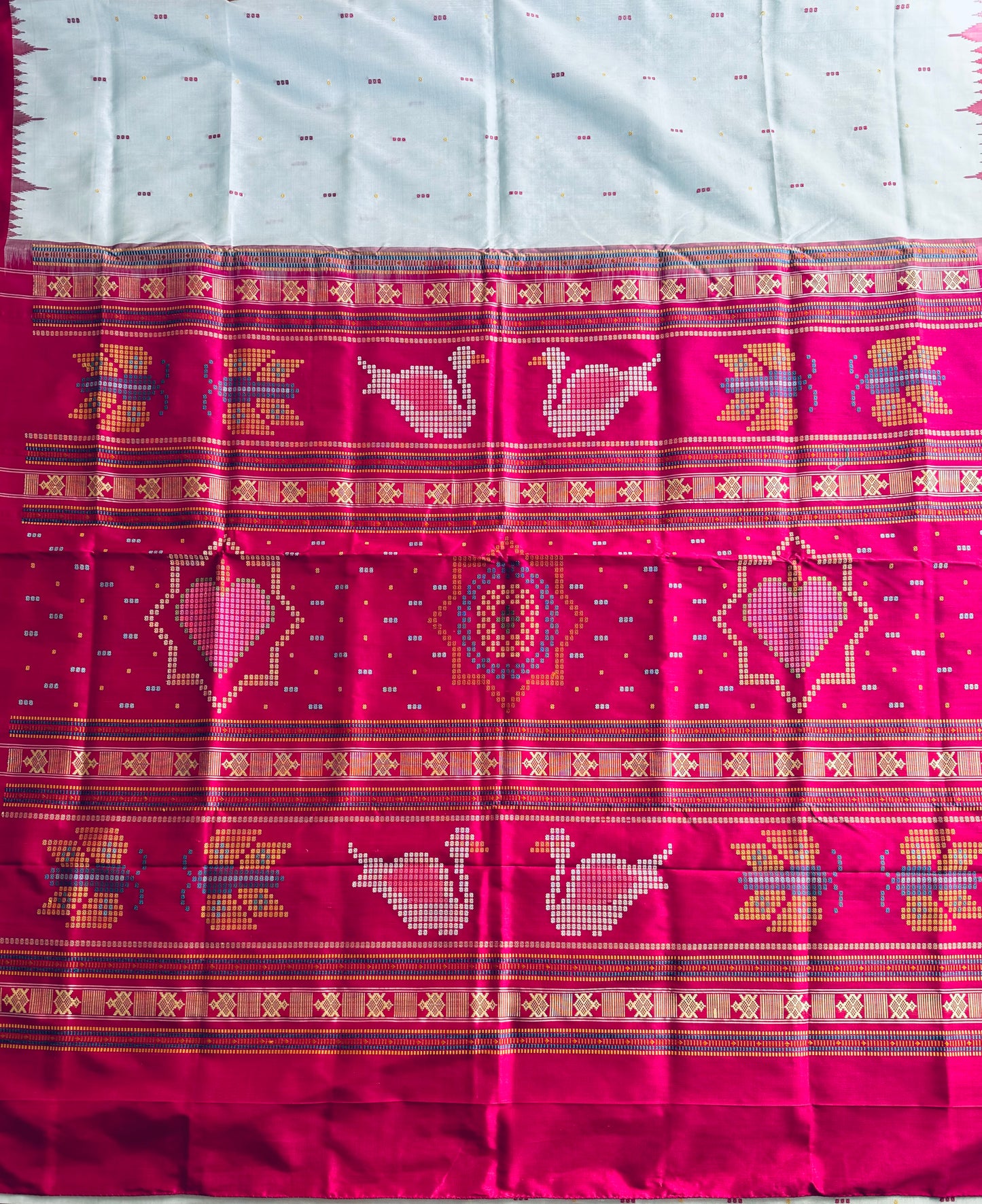 Blueish Grey with Magenta Phoda kumbha Sambalpuri Puri Silk Saree with Dobby weaved Pallu