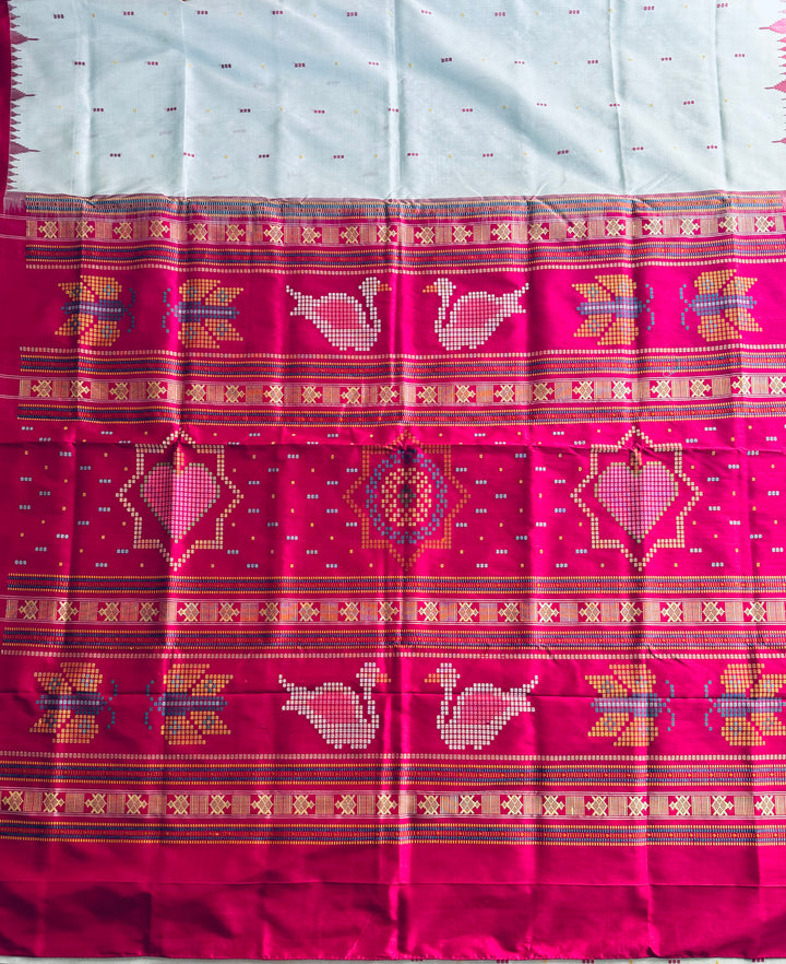 Blueish Grey with Magenta Phoda kumbha Sambalpuri handwoven pure Silk Saree with Dobby weaved Pallu |Odisha Weaves