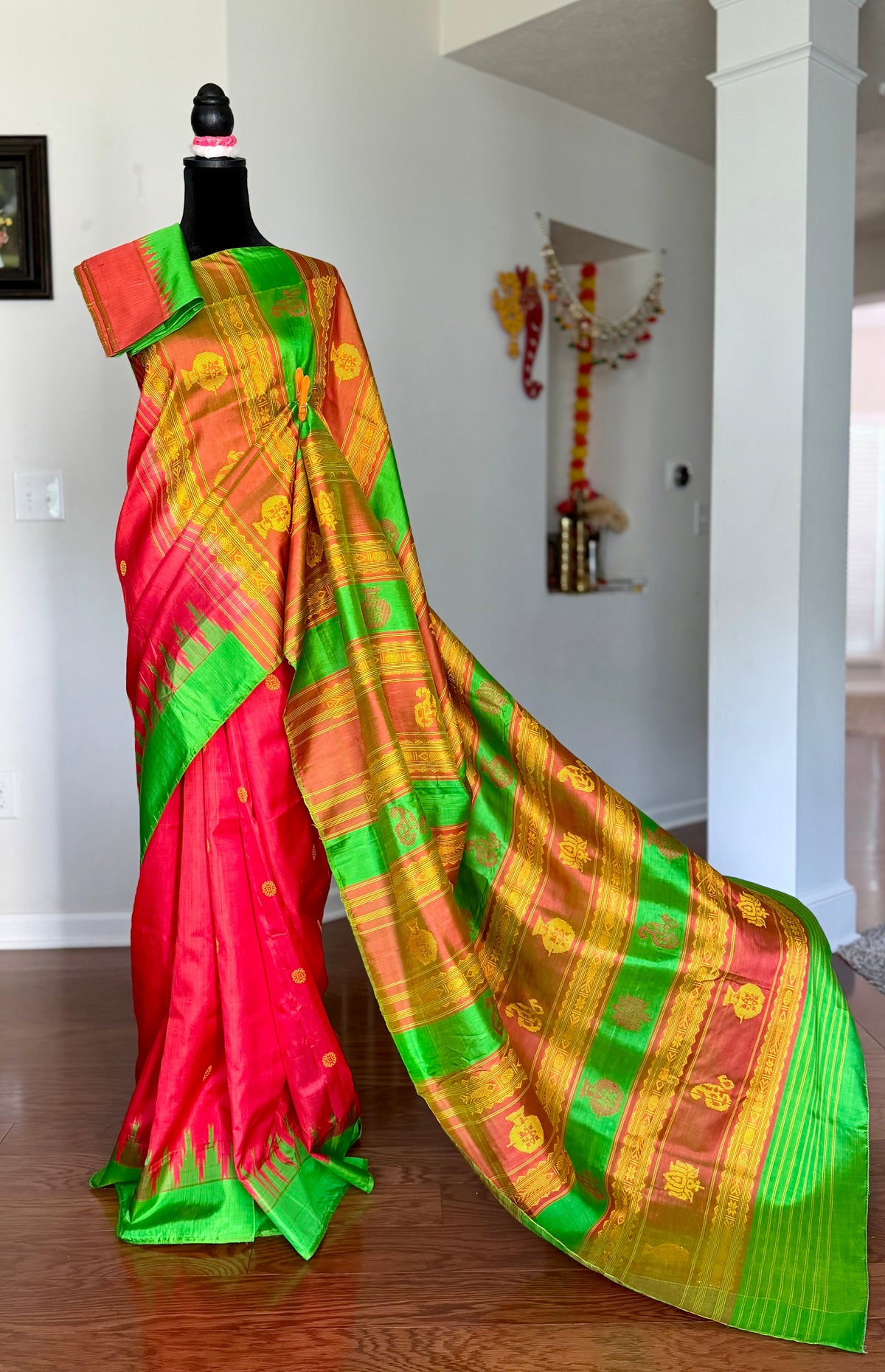 Dark Peach Berhampuri double pallu handwoven  Pure Silk Saree