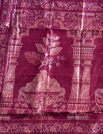 Pale Mustard Yellow Sambalpuri Ikat Pure Silk Saree with “Triphala” Ikat Pallu and Maroon Border