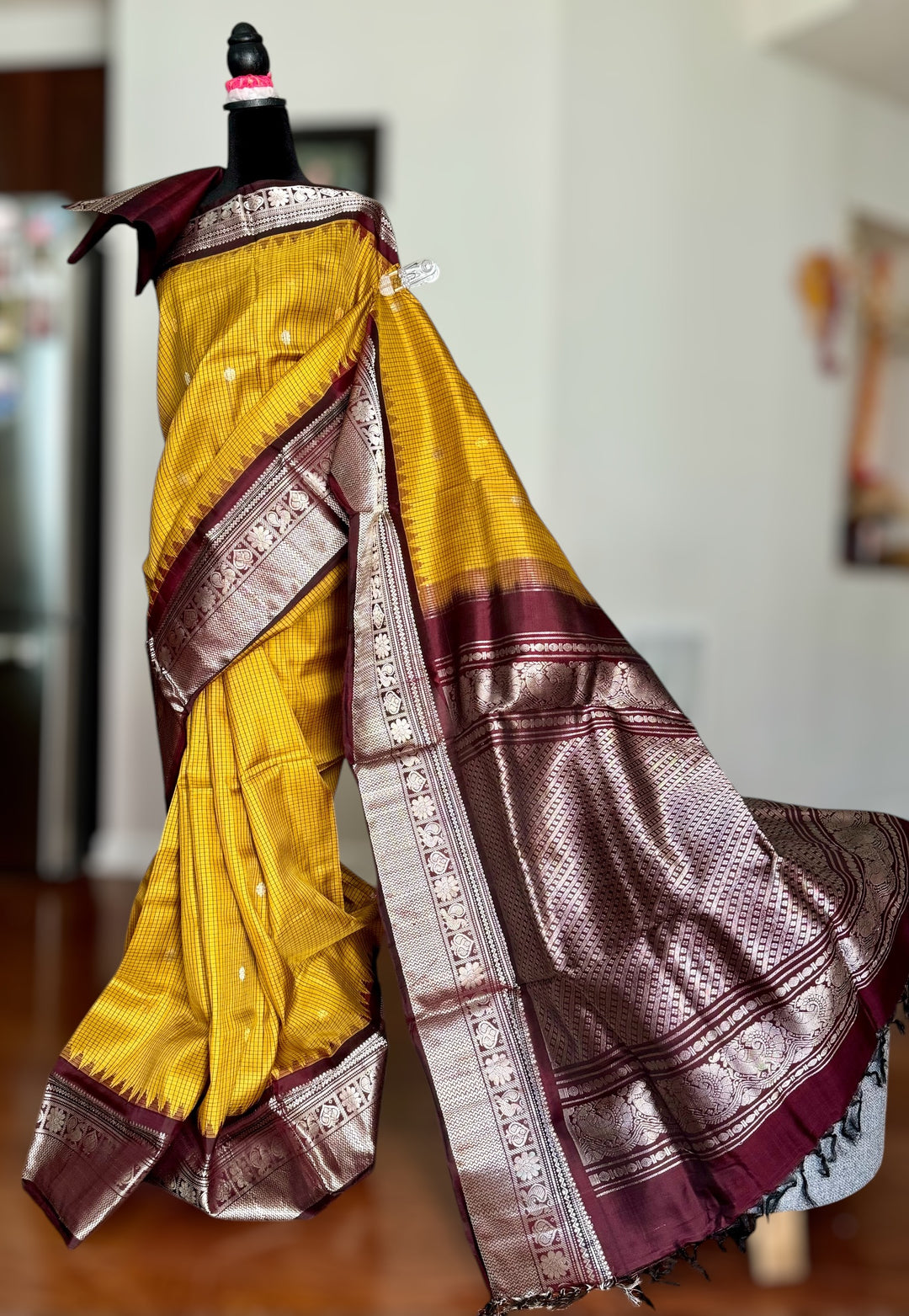 Handwoven Kuttu Gadwal pure Silk Saree in honey mustard color with Checks body