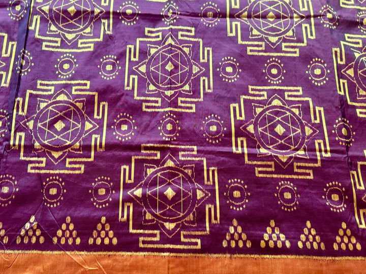 Maroon with yellow color handwoven ikat pure silk saree|Odisha Weaves|Contemporary Ikat|