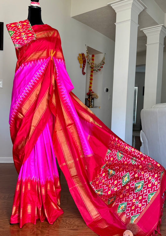 Bright Magenta-pink with Red Pochampally ikat pure silk saree with Patola pallu and Kanchi-Style Zari Border