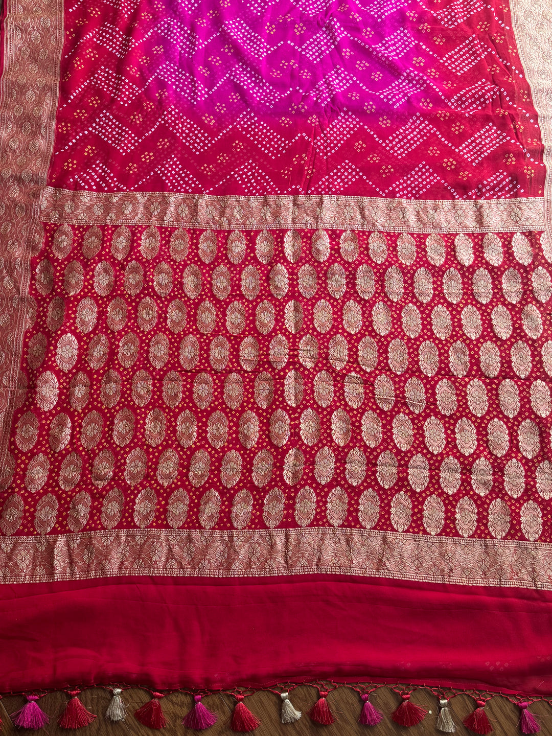 Pink with Red pure khaddi chiffon georgette rai bandhini saree