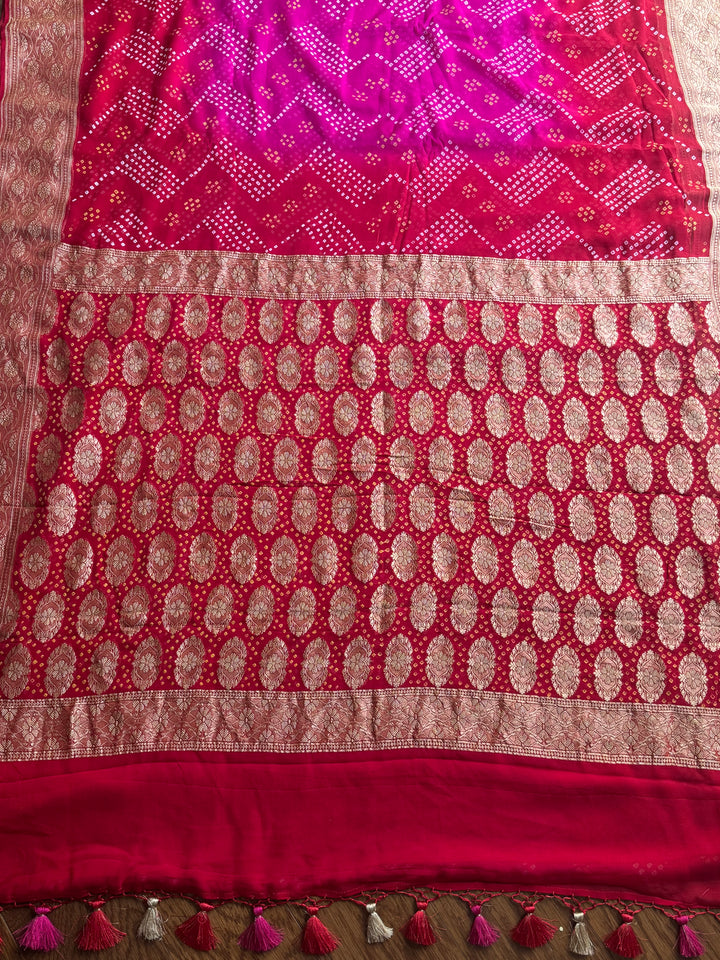 Pink with Red pure khaddi chiffon georgette rai bandhini saree