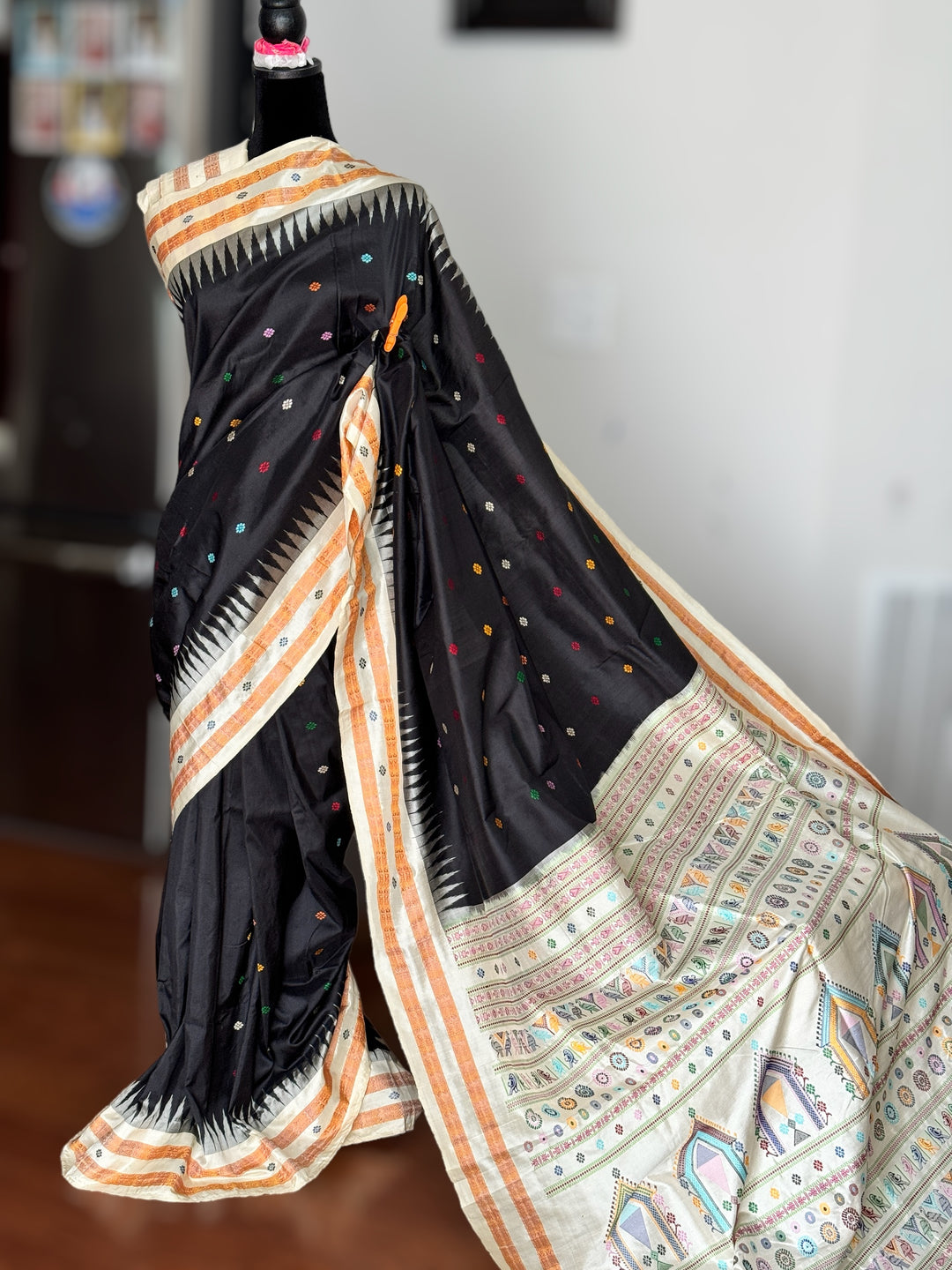 Gorgeous Black and Beige Combination Dolabedi pure silk saree from Odisha Weaves