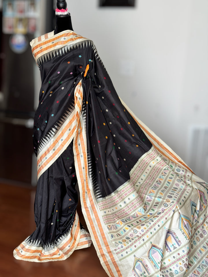 Gorgeous Black and Beige Combination Dolabedi pure silk saree from Odisha Weaves