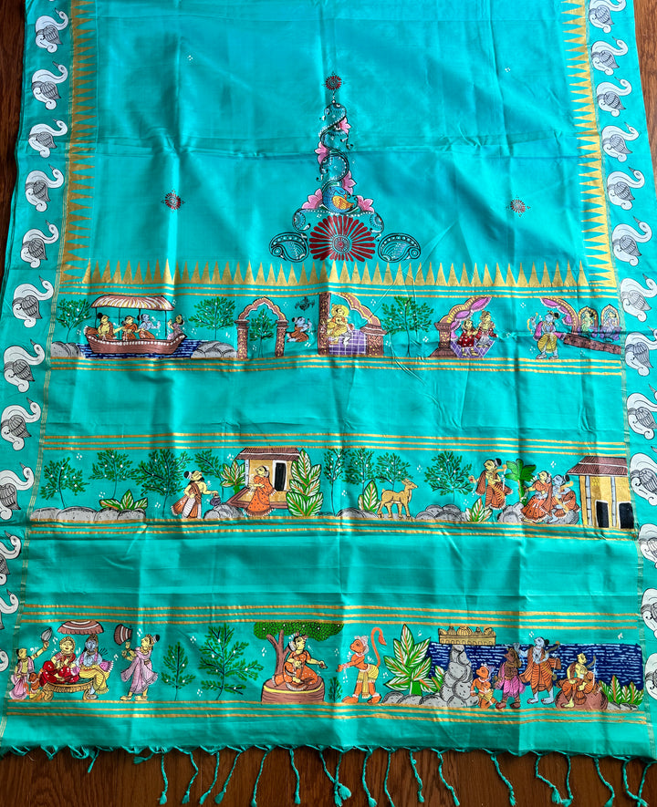 Ramayan theme Odisha Pattachitra on Kanjivaram soft silk saree