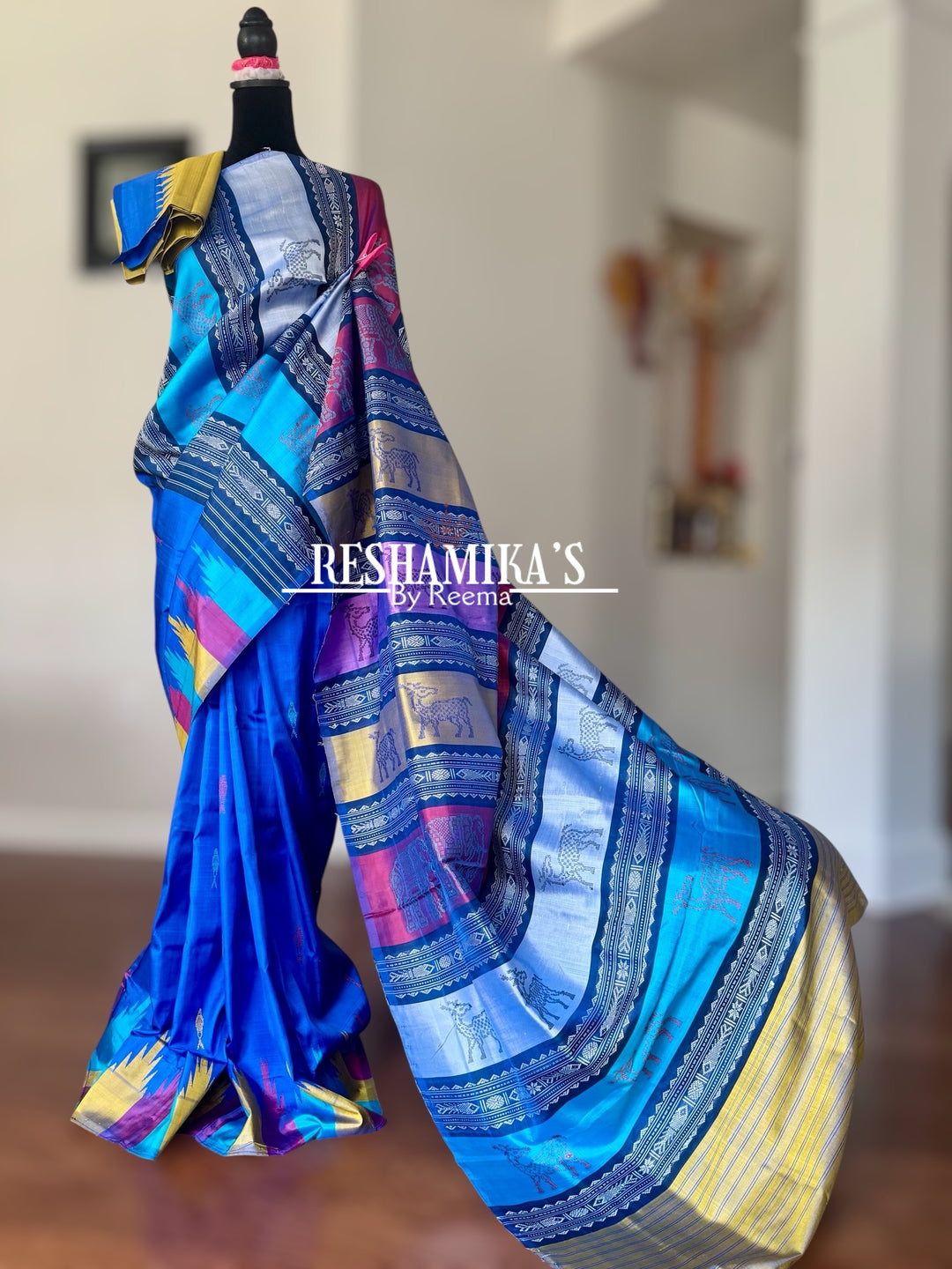 Blue Berhampuri Pure Silk Saree with multi color animal motif Double pallu