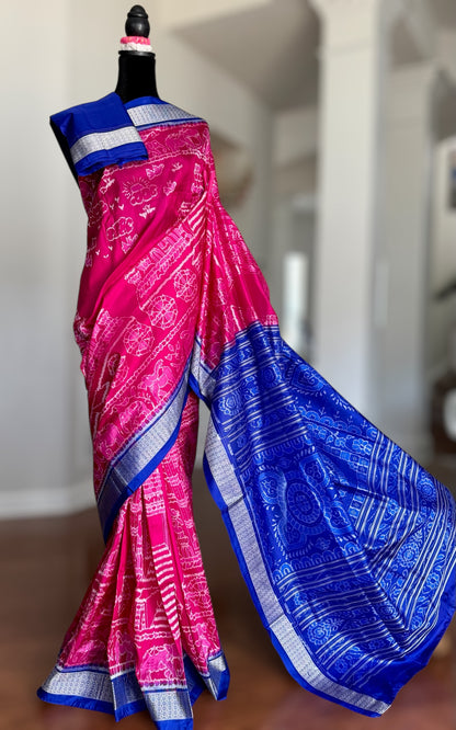 Large Konark Motif unique handwoven Sambalpuri ikat pure silk saree|Odisha Weaves|