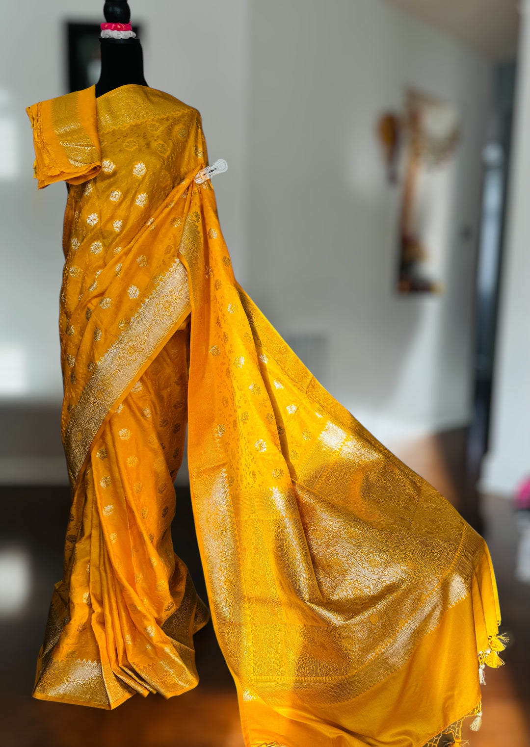 Banarasi Semi Mashru Silk Yellow color Saree|Value Vogue