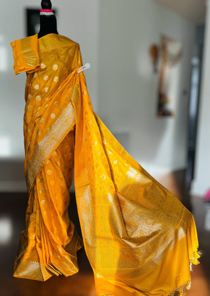 Banarasi Semi Mashru Silk Yellow color Saree|Value Vogue