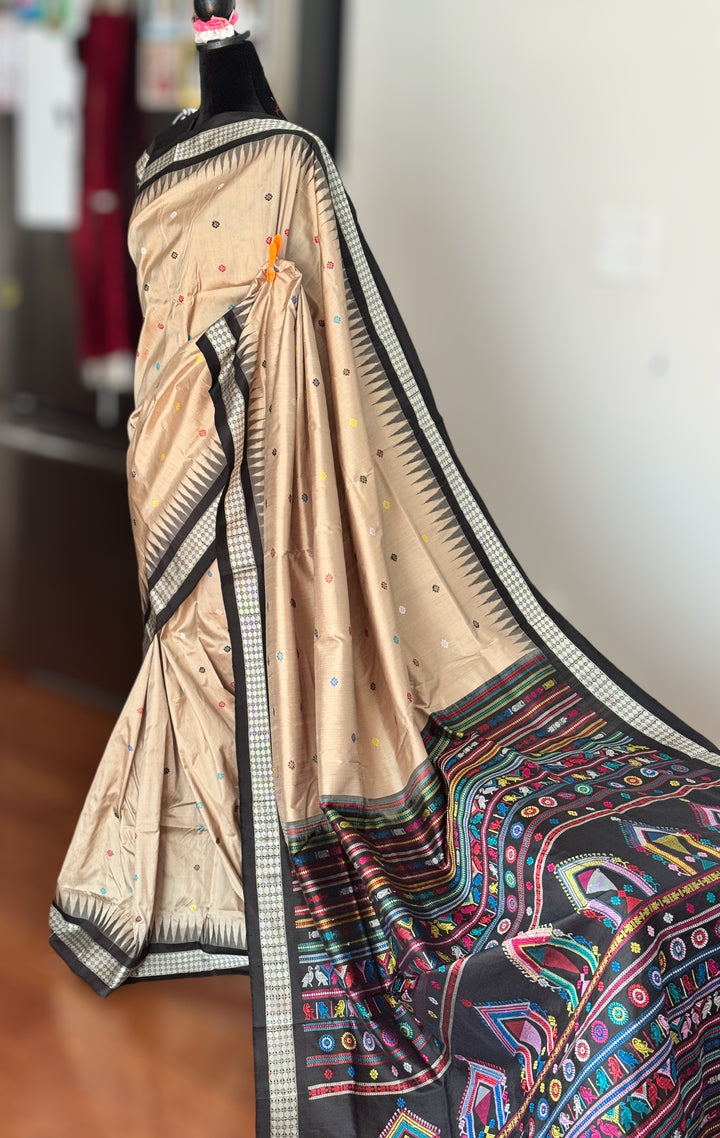 Gorgeous desert sand and black Combination Dolabedi pure silk saree from Odisha Weaves