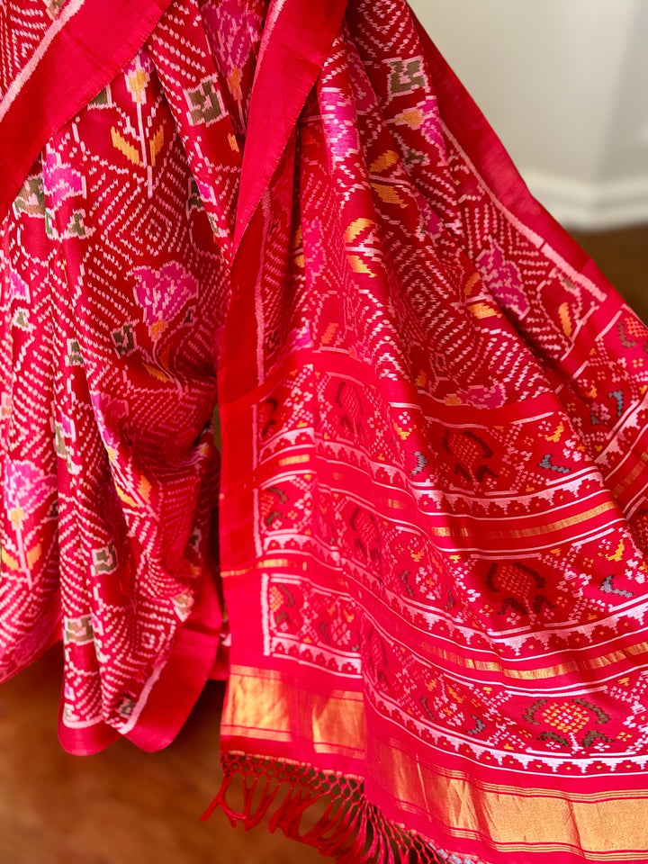 Red color semi (double) ikat patan Patola pure silk saree