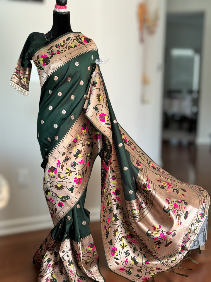 Paithani inspired weaved artificial silk saree with stitched blouse in bottle green color| Value Vogue
