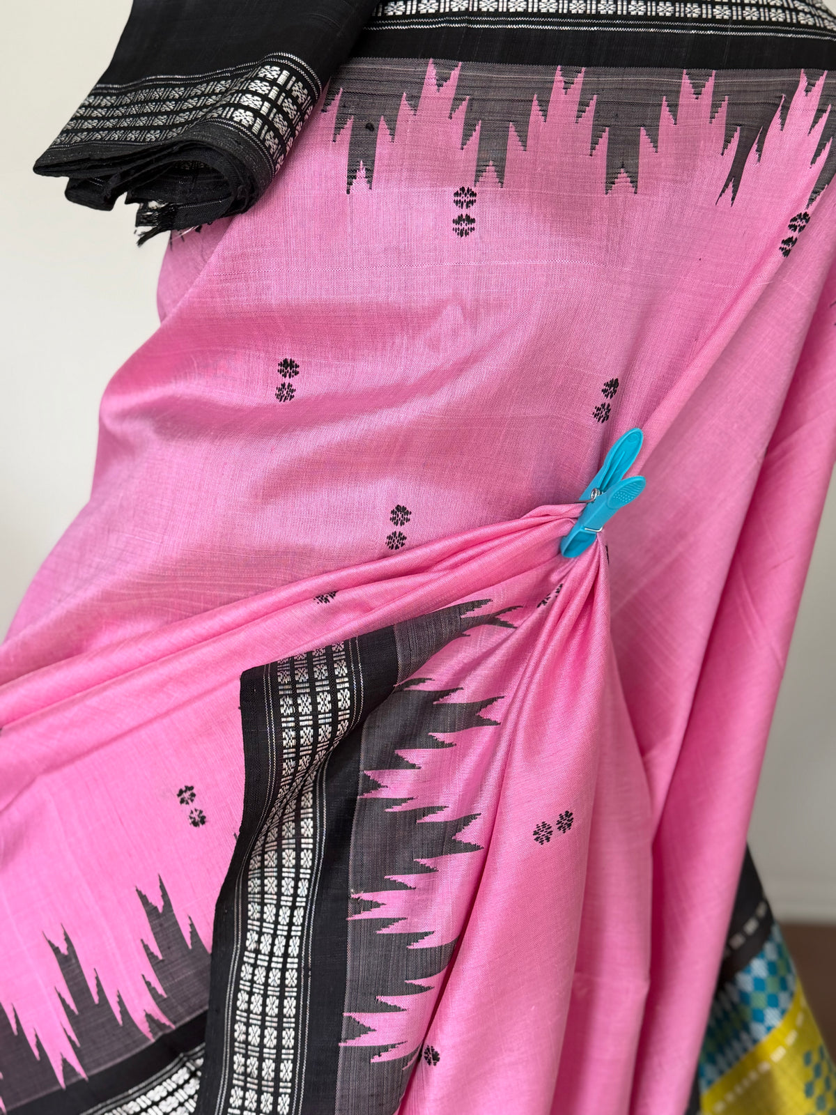 Onion pink traditional weaving Berhampuri colorful Single pallu Pure Silk Saree