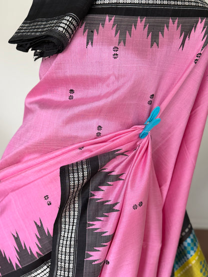 Onion pink traditional weaving Berhampuri colorful Single pallu Pure Silk Saree