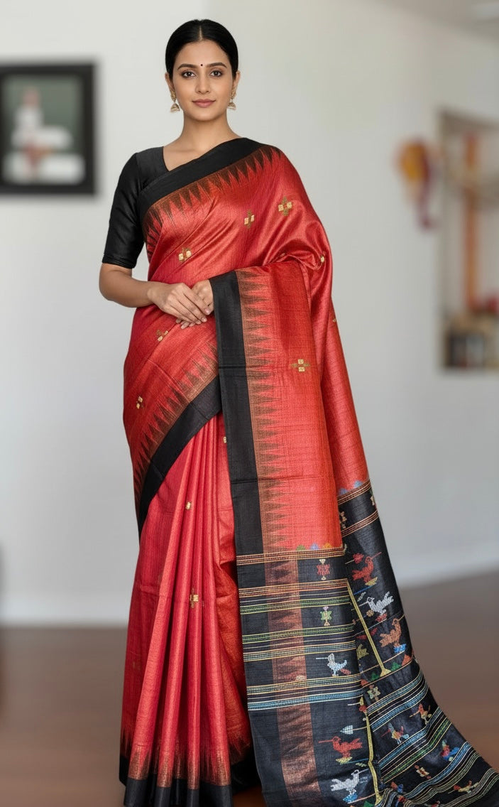 Orangish red Gopalpur Handwoven Tussar Saree with Ganjam Bomkai Pallu - Traditional Indian Saree|Odisha weaves