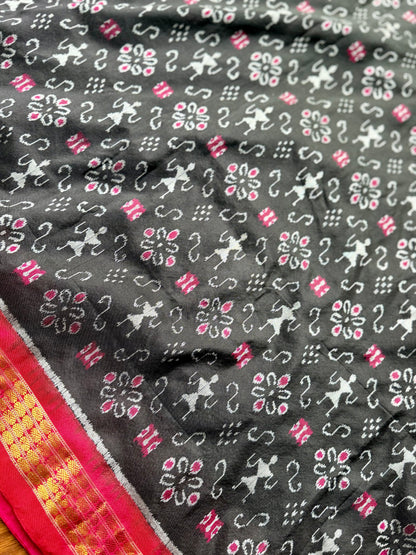 Black and rust red handwoven Sambalpuri pure Ikkat silk saree with tissue border and pallu | Odisha Weaves
