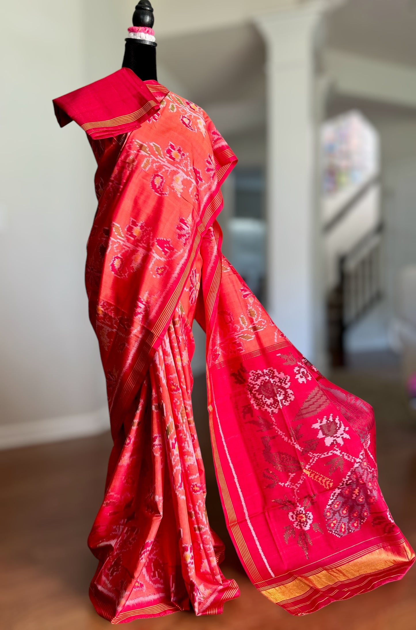 Peach color semi (double) ikat patan Patola pure silk saree