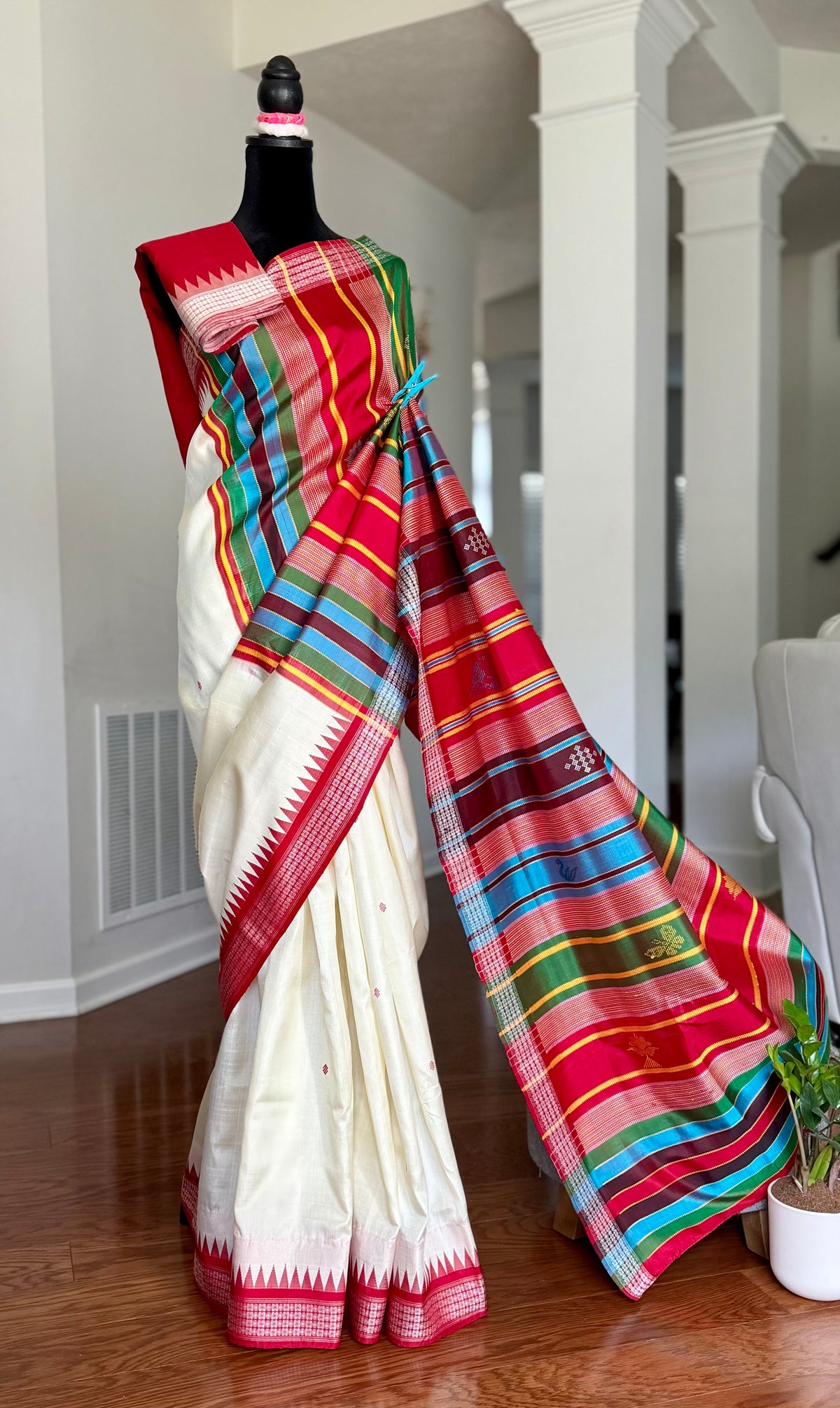 Off- White and Red Berhampuri Double pallu Pure Silk Saree| Odisha Weaves
