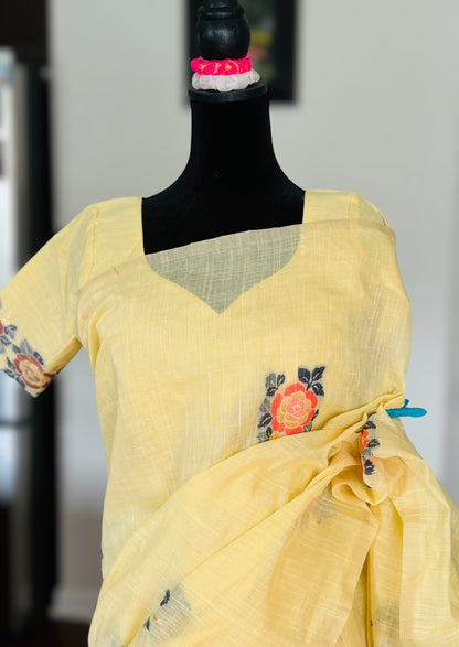 Light Yellow Linen by cotton saree with stitched blouse - Value Vogue Edition