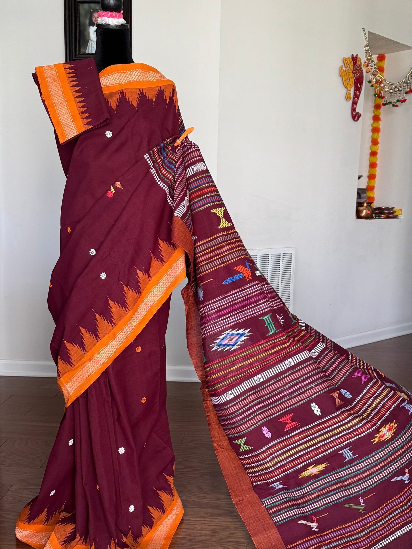 Maroon Original Ganjam Bomkai Cotton Saree from Odisha Weaves