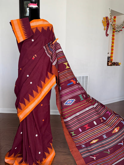 Maroon Original Ganjam Bomkai Cotton Saree from Odisha Weaves