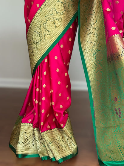 Pink Handloom Banarasi Silk Saree With Stitched Blouse