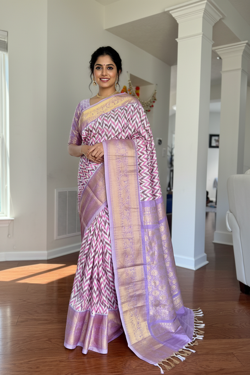 Lavender Ikkat (Pochampally)Fusion Silk Saree with Zari Woven Kanchipuram Border and Unstitched Blouse