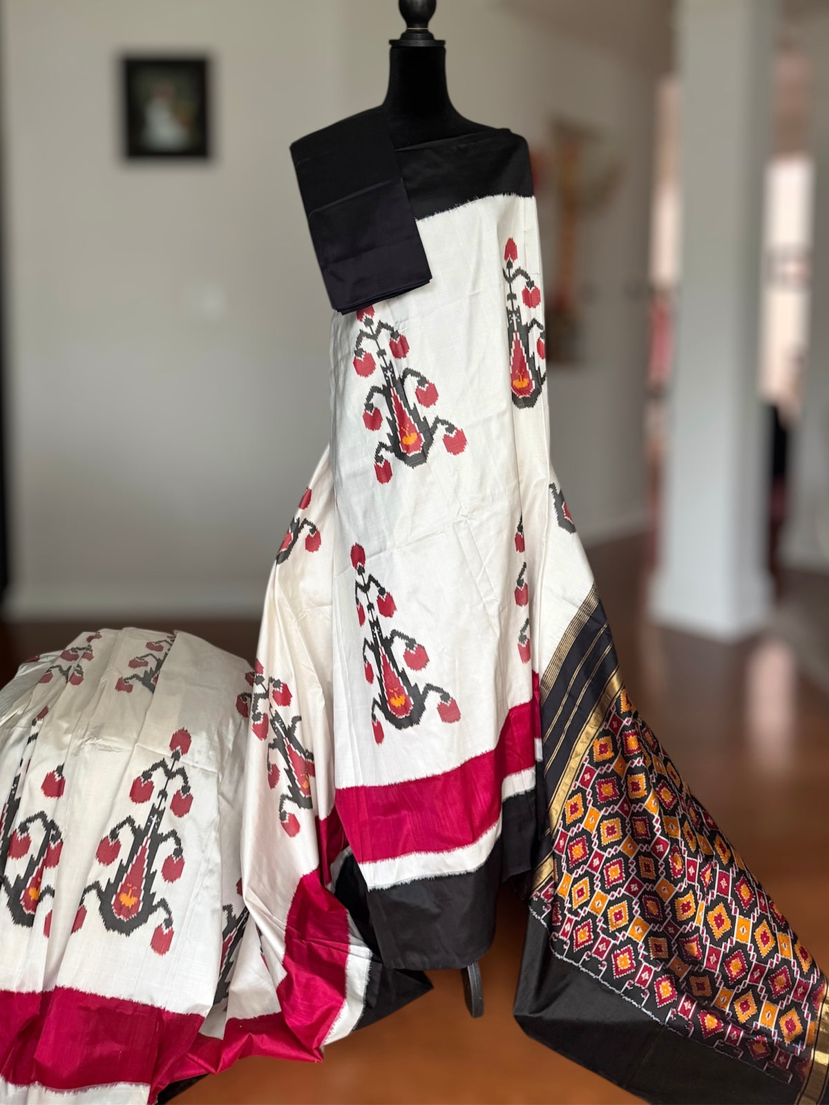 Cambodian inspired Pochampally handwoven double ikat pure silk saree| offwhite base| Sweta