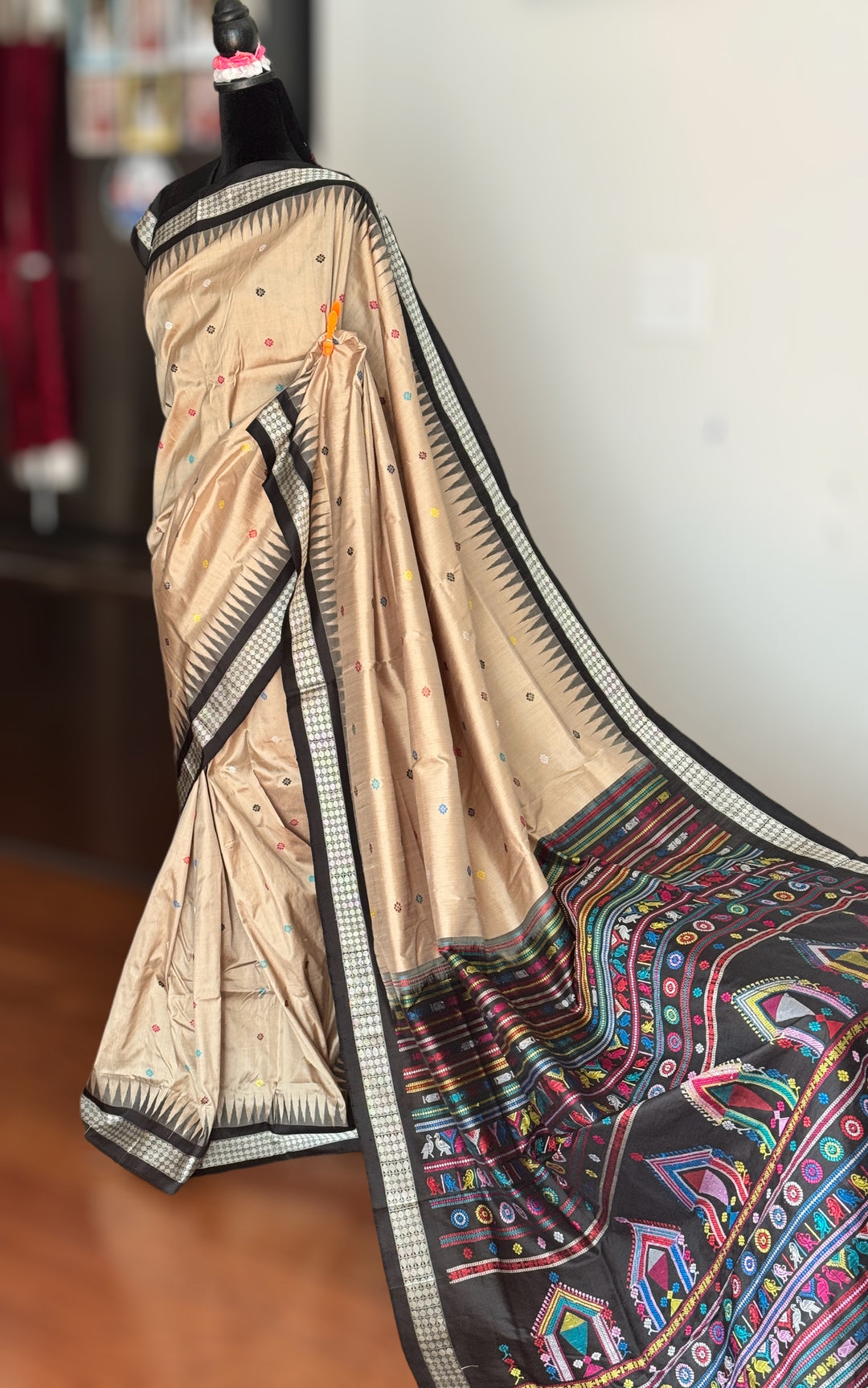 Gorgeous desert sand and black Combination Dolabedi pure silk saree from Odisha Weaves