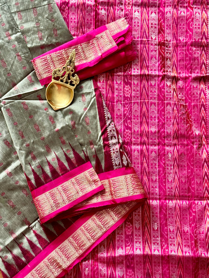 Grey with pink Hajar buti Sambalpuri Ikat pure silk Saree from Odisha Weaves