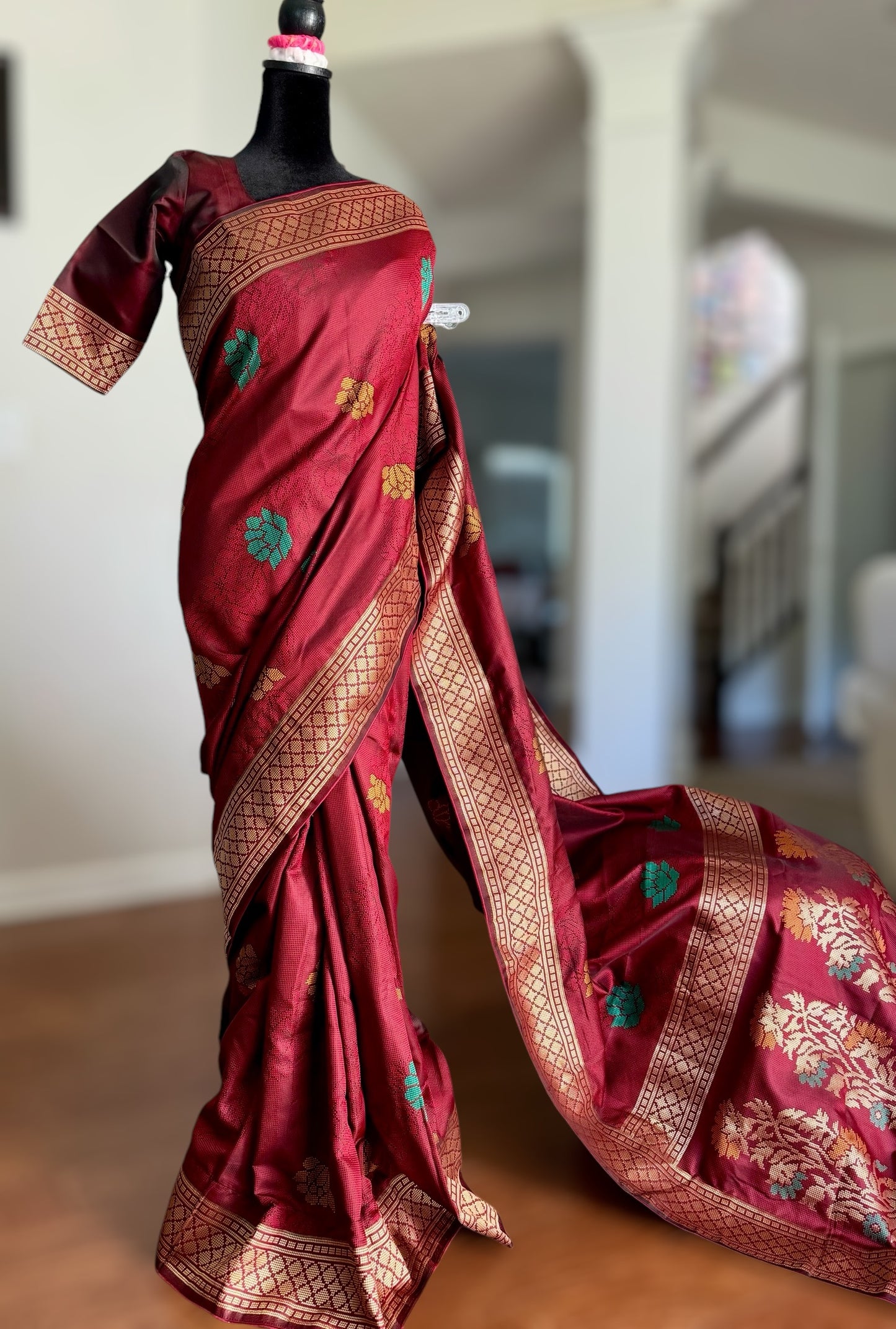 Lovely rust red designer weaved and textured saree with stitched blouse| Value Vogue