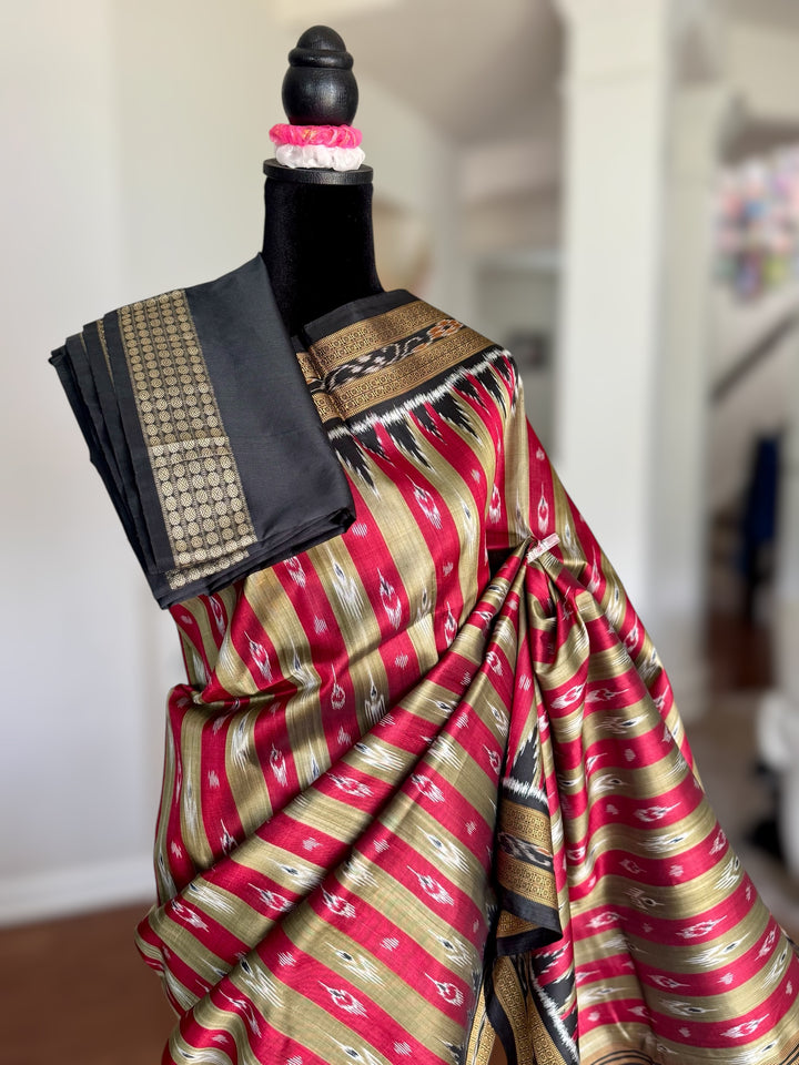 Maroon Beige Chandrika in striped body Contemporary Ikat Pure Silk Saree|Odisha Weaves|Mishrita