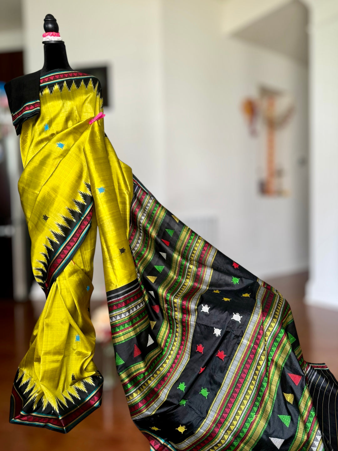 Light green and black combination Dongria double pallu contemporary ikat pure silk saree