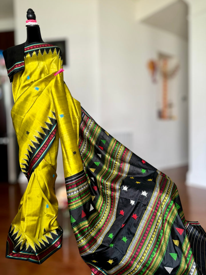 Light green and black combination Dongria double pallu contemporary ikat pure silk saree