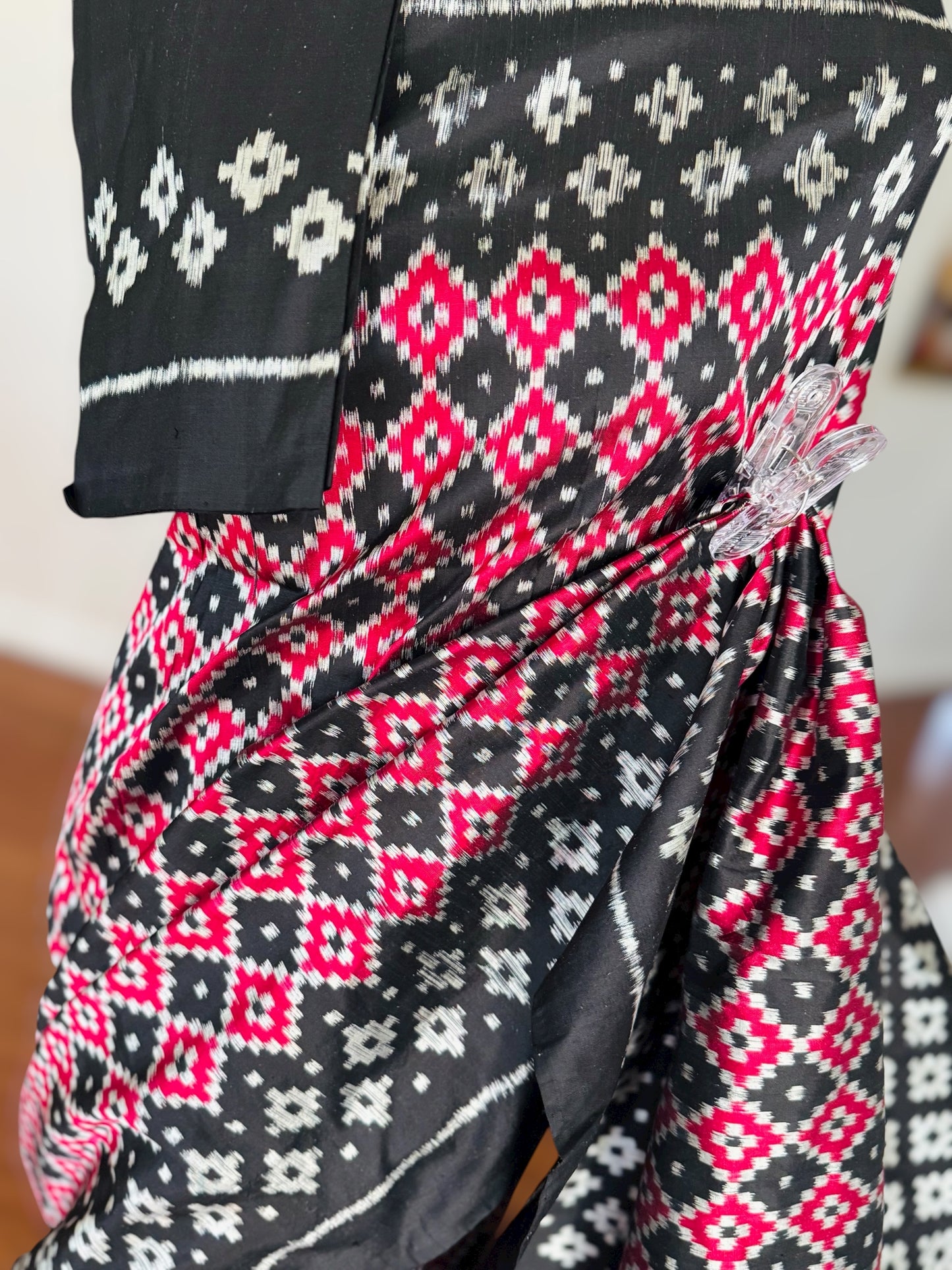 Black with red handwoven ikat pure silk saree|Odisha Weaves|Contemporary Ikat|Antara