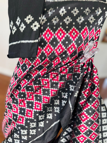 Black with red handwoven ikat pure silk saree|Odisha Weaves|Contemporary Ikat|Antara