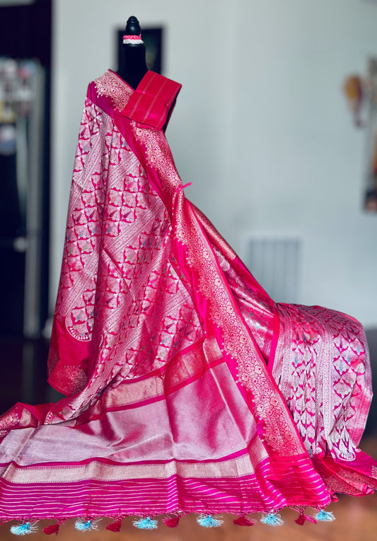 Luxurious Pink Banarasi ektara weaved pure katan silk saree with Kadhwa Janngla and meenakari work