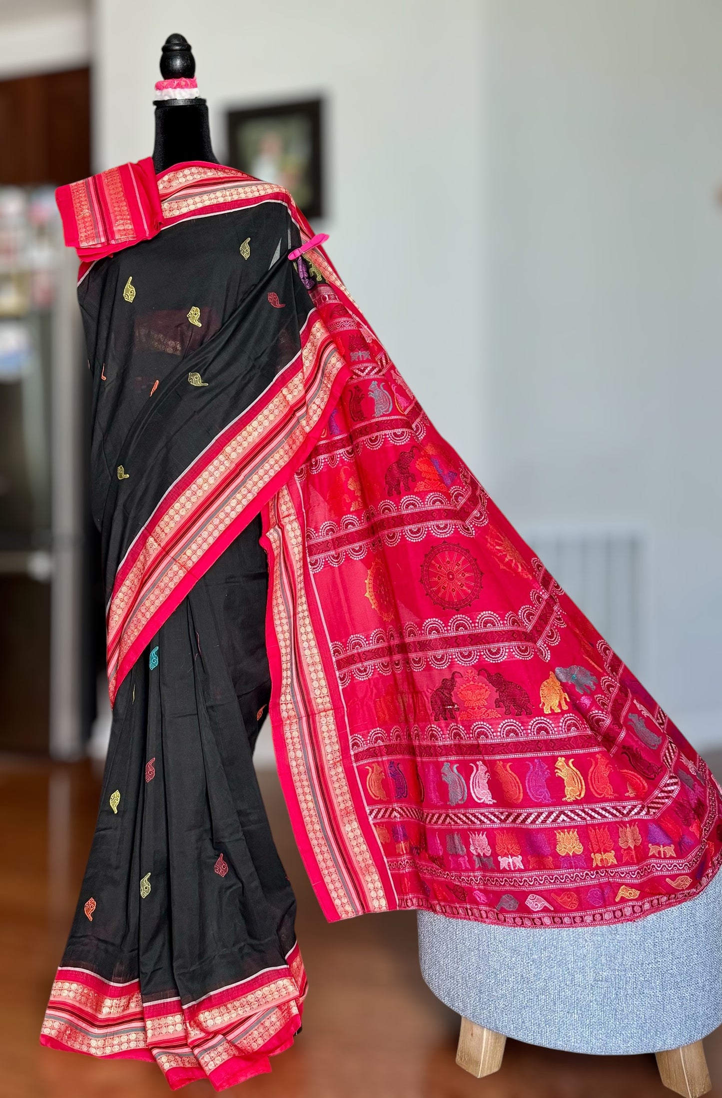 Handwoven Bomkai cotton saree in black red combinations