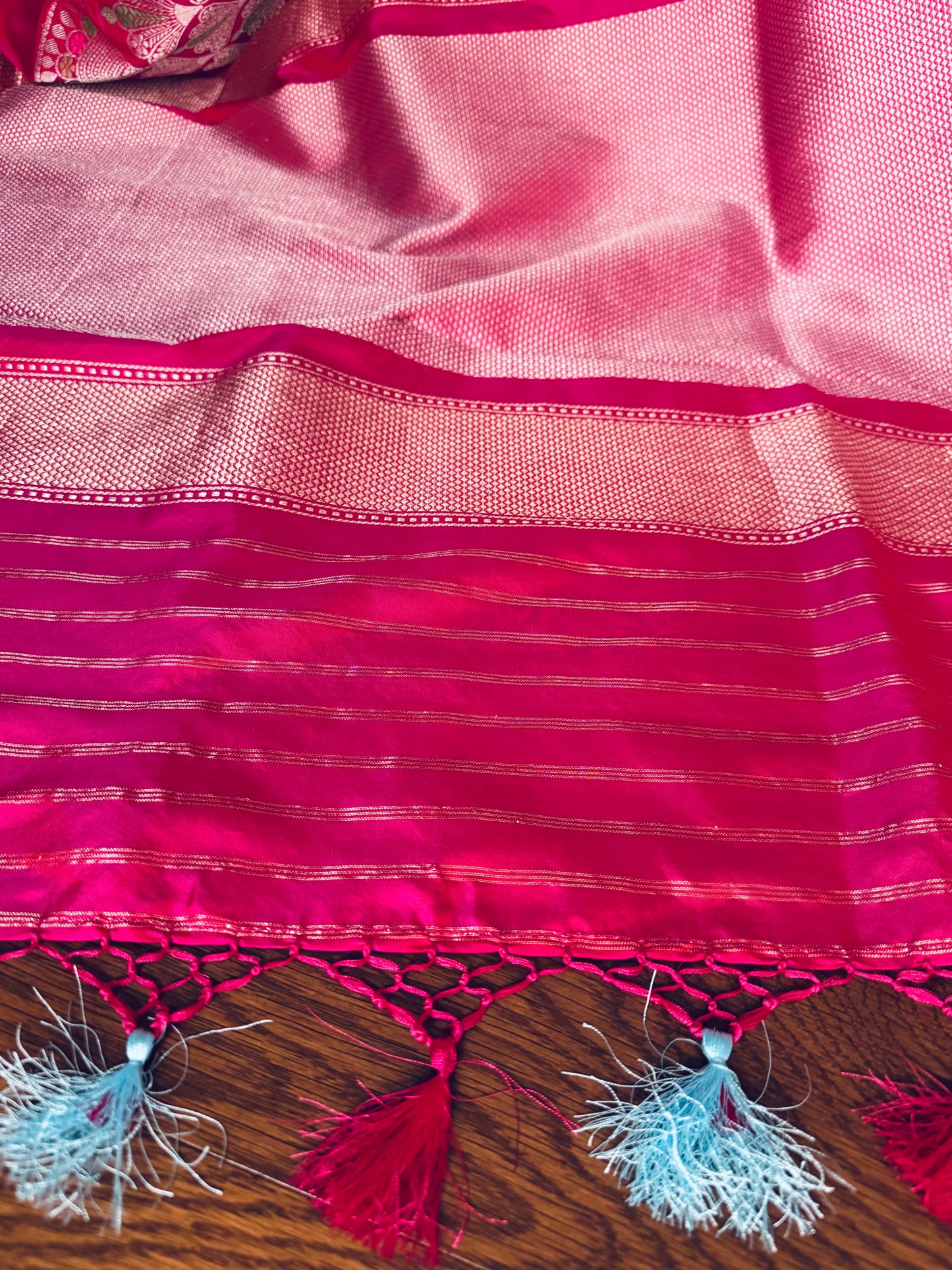 Luxurious Pink Banarasi ektara weaved pure katan silk saree with Kadhwa Janngla and meenakari work